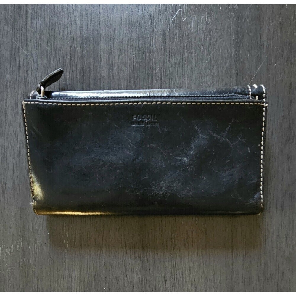 FOSSIL Tri Fold Wallet Black Leather Coin Pouch License Window Snap Closure - Picture 5 of 7